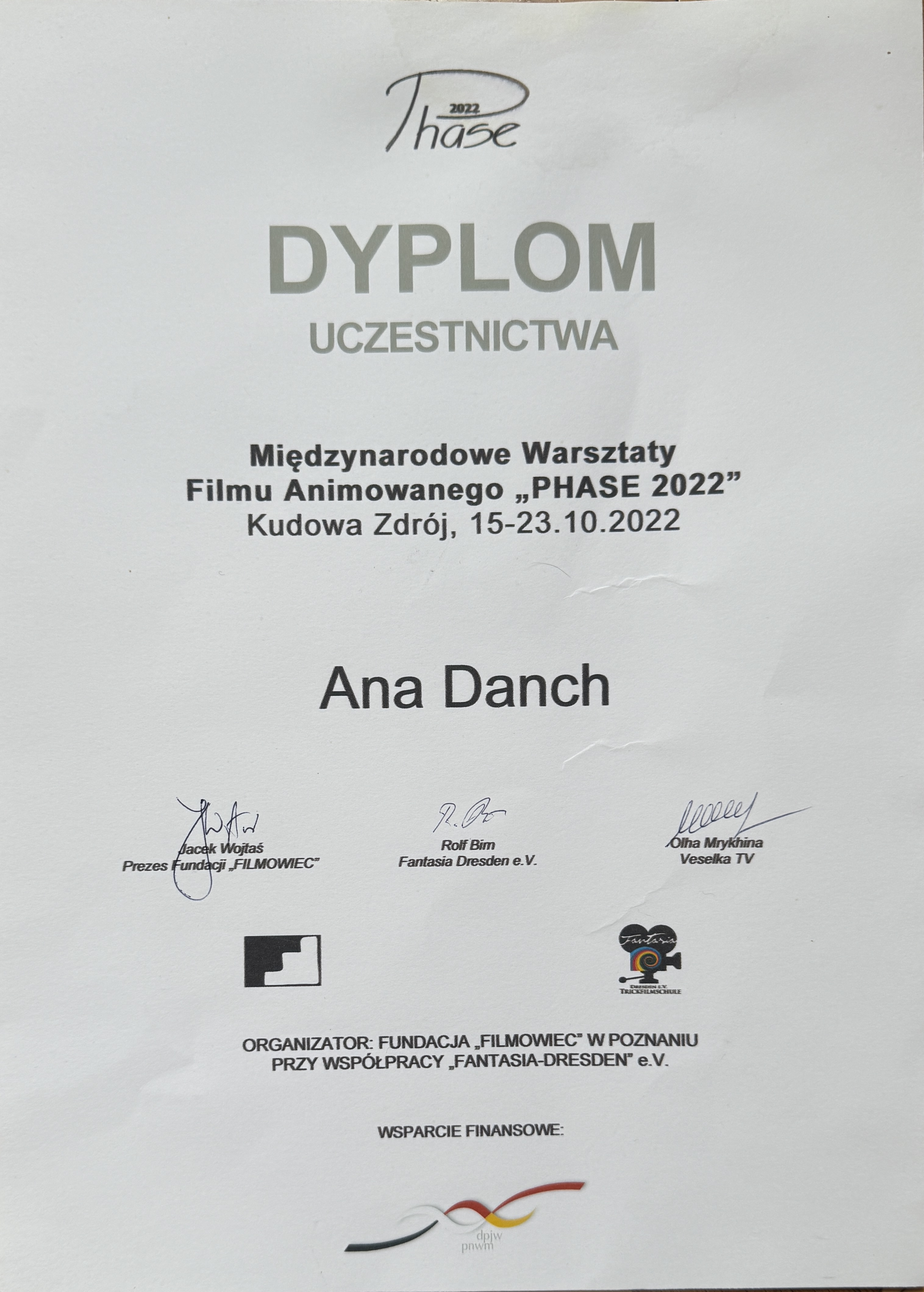PHASE 2022 Participation Diploma – Ana Danch (2022)