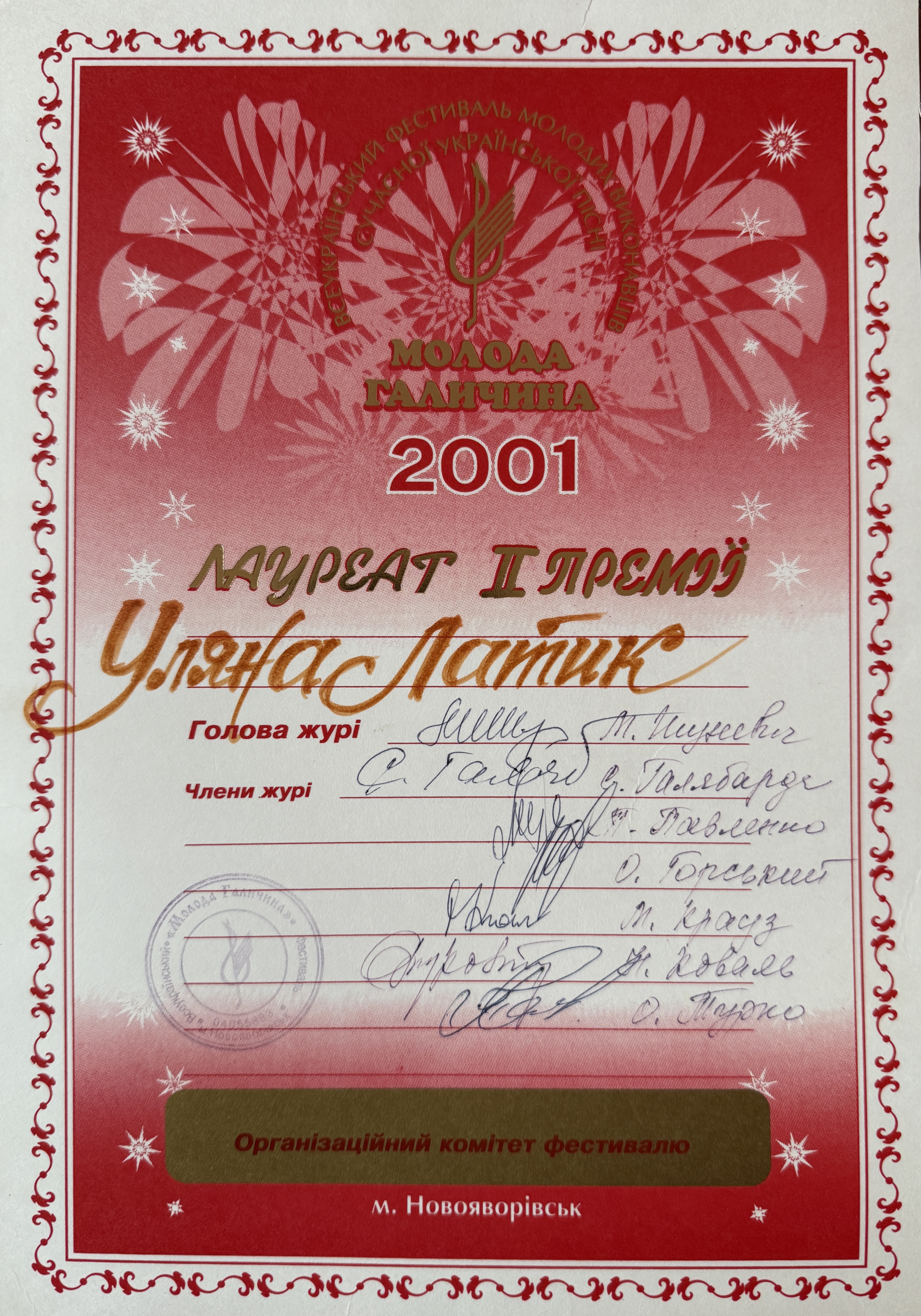 Moloda Halychyna Diploma – Uliana Latyk (2001)