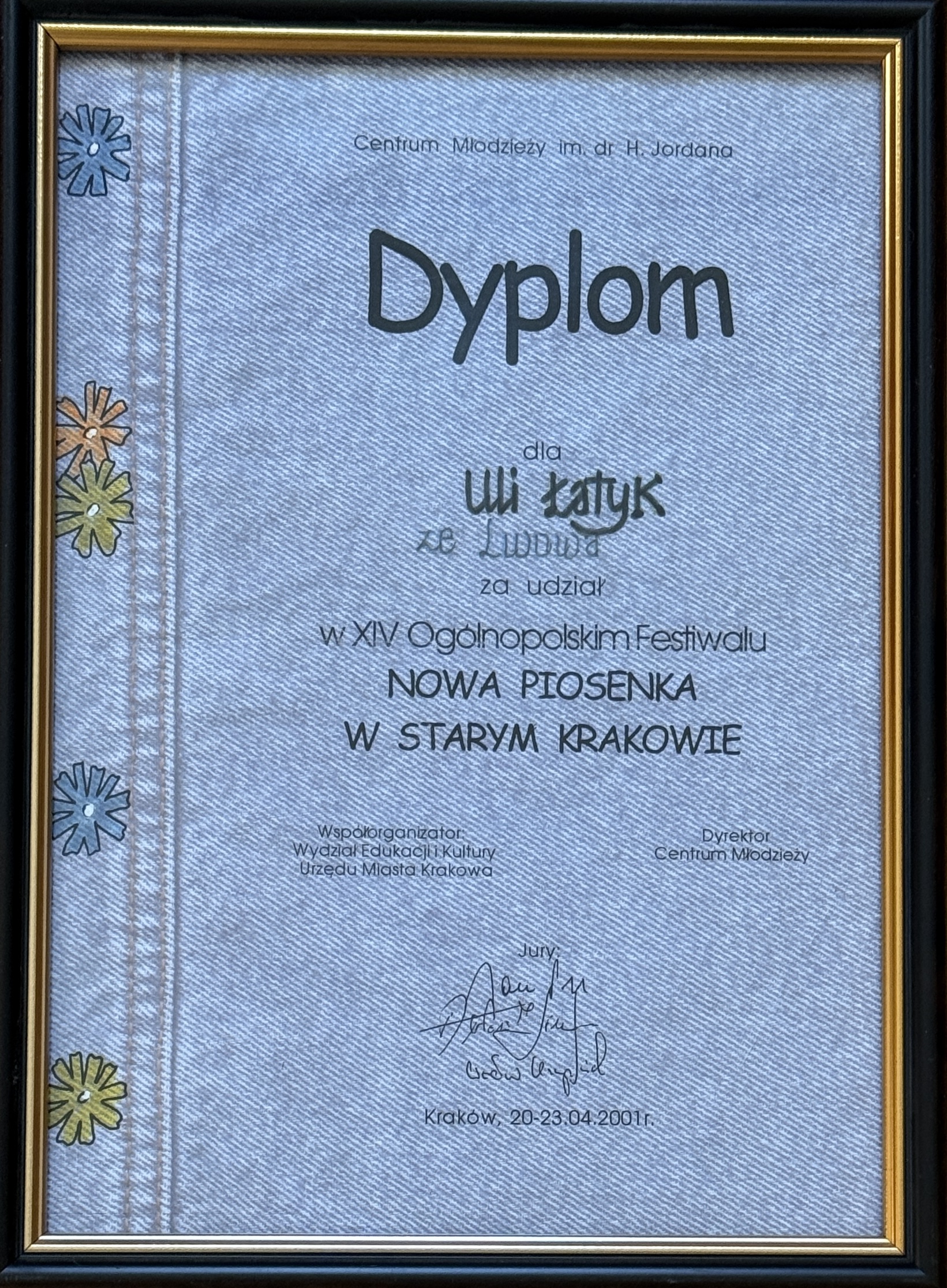Nowa Piosenka w Starym Krakowie Diploma – Uliana Latyk (2001)